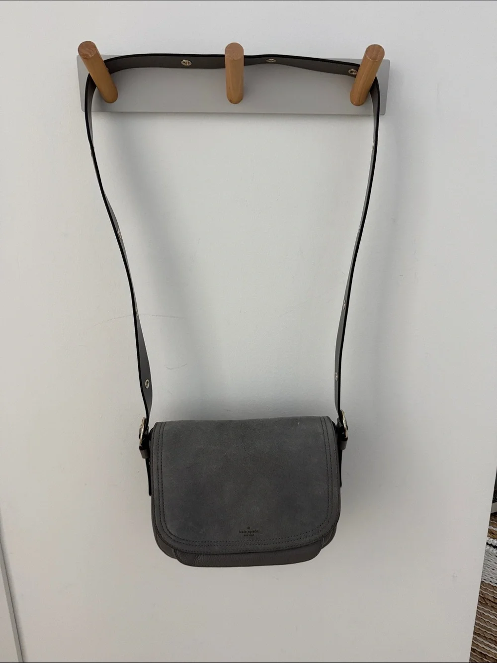 kate spade Gray Suede Crossbody Bag with Black Strap